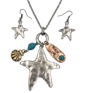 Beach Life Silver Starfish Necklace Earrings Set